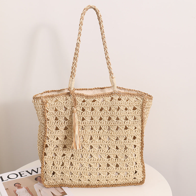 Tassel Color Block Hollow Out Woven Tote Bag