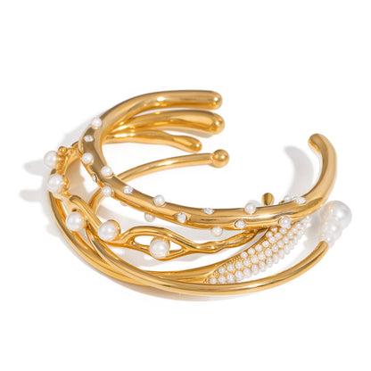 Gold Plated Pearl Open Bangle Bracelet