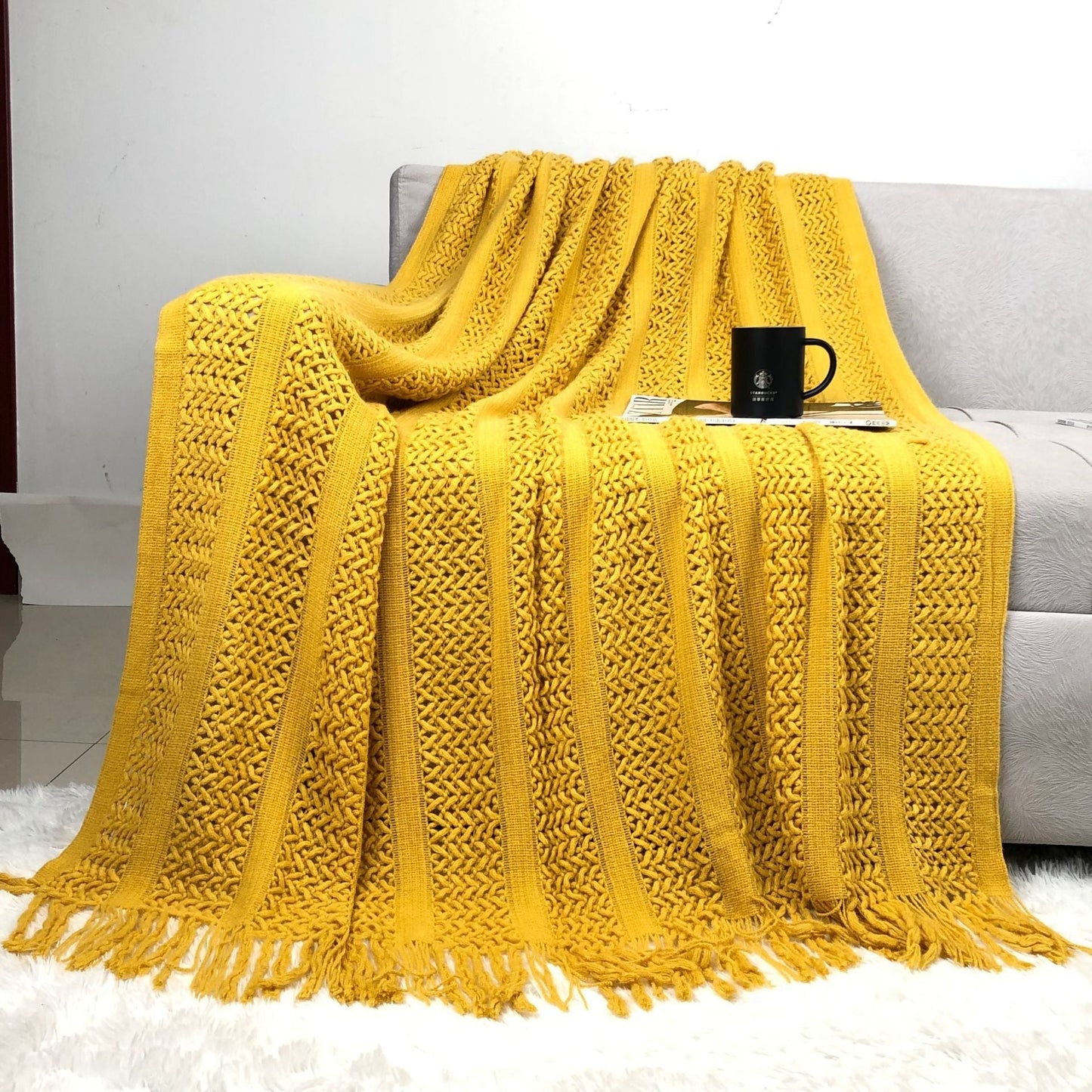 Solid Color Cozy Cable Knit Sofa Blanket