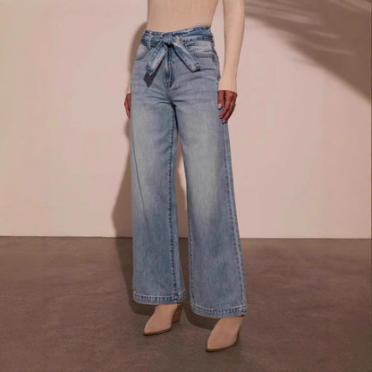 Washed Straight Leg String Tie Loose Jeans