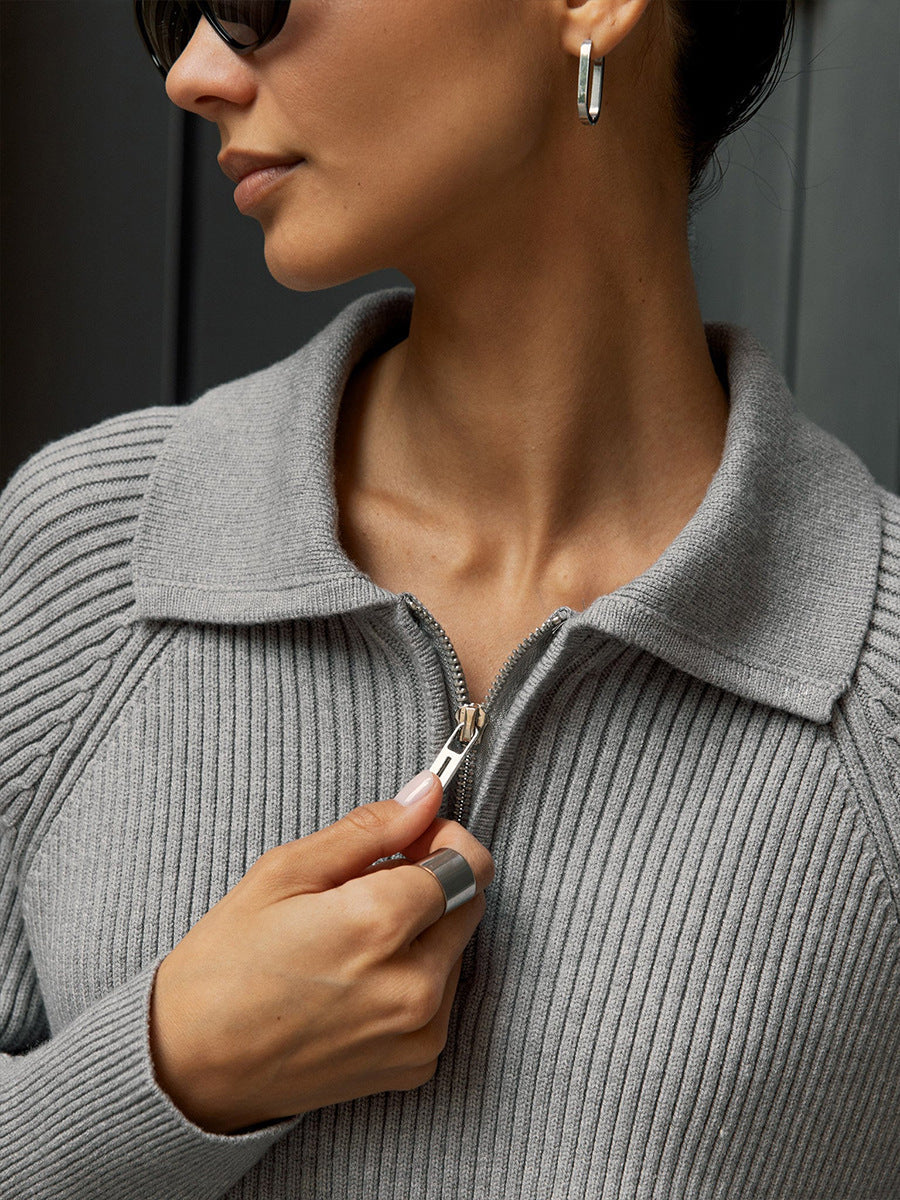 Solid Color Zipper Sweater Loose Knit Sweater