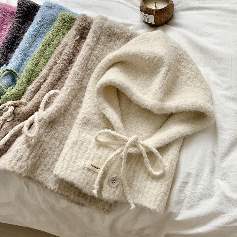 Solid Color Button One-Piece Hat & Scarf