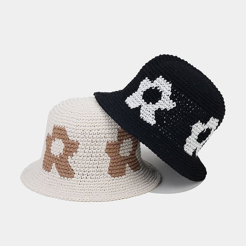 Floral Pattern Contrast Color Crochet Bucket Hat