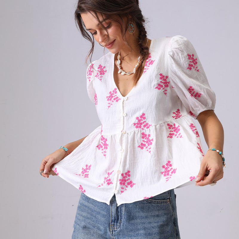 Floral Embroidered V-Neck Button Down Shirt
