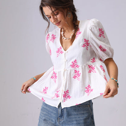 Floral Embroidered V-Neck Button Down Shirt