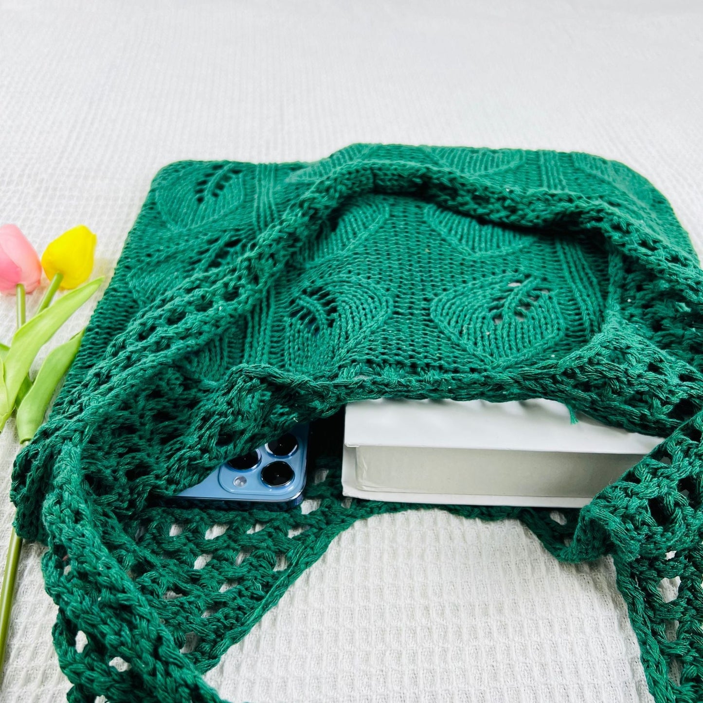 Solid Color Hollow Out Knit Shoulder Tote Bag