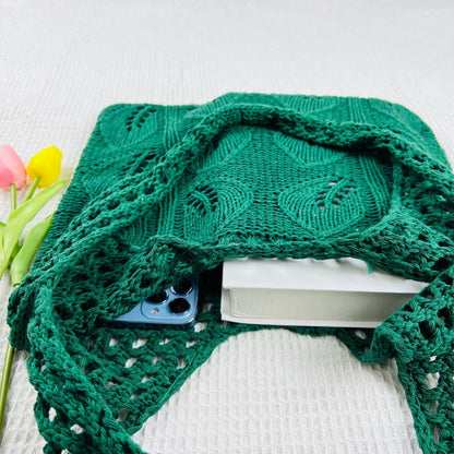 Solid Color Hollow Out Knit Shoulder Tote Bag