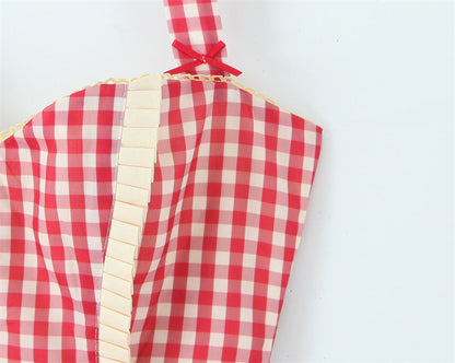 Sweet Halter Sleeveless Plaid Midi Dress