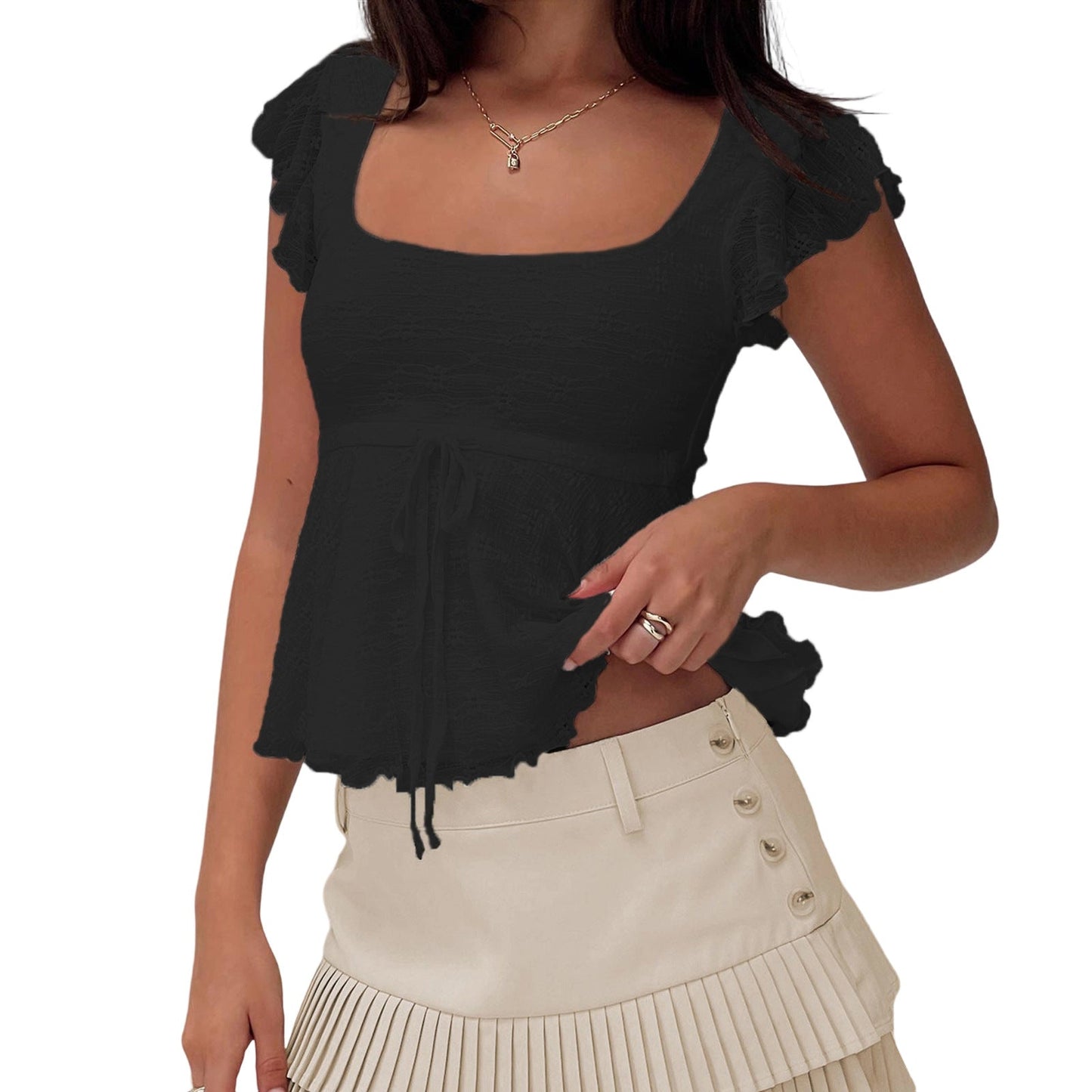 Simple Puff Sleeve Tie Front Cropped Top