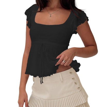 Simple Puff Sleeve Tie Front Cropped Top