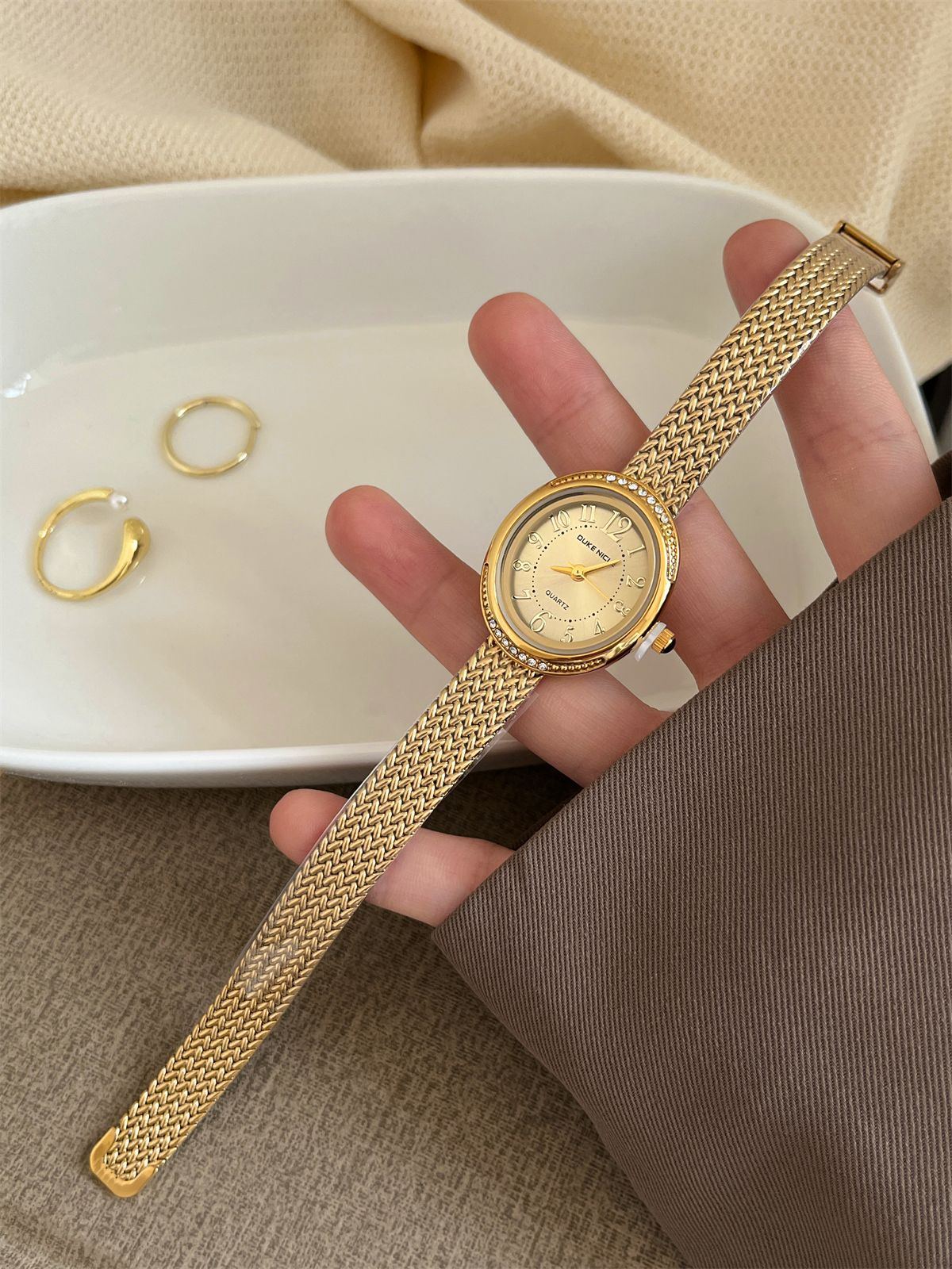 Vintage Crystal Bezel Oval Quartz Watch