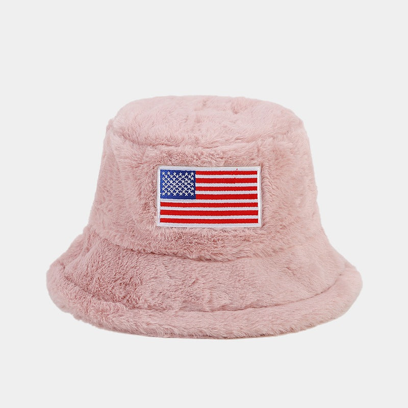 Winter American Flag Fuzzy Warm Bucket Hat