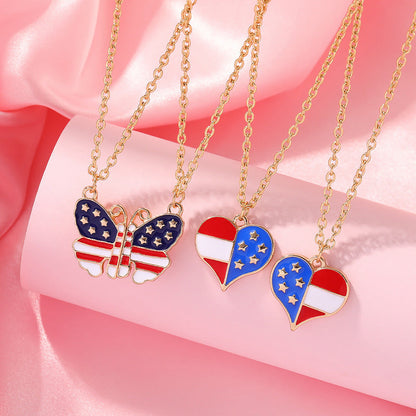 2Pcs USA Flag Heart Necklace Butterfly Necklaces
