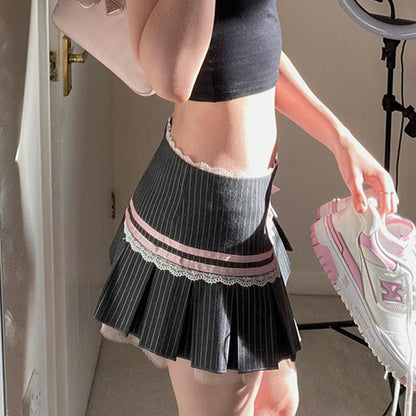 Striped Bow Lace Pleated Mini Skirt