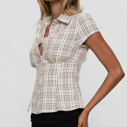 Color Block Plaid Short Sleeve Shirt