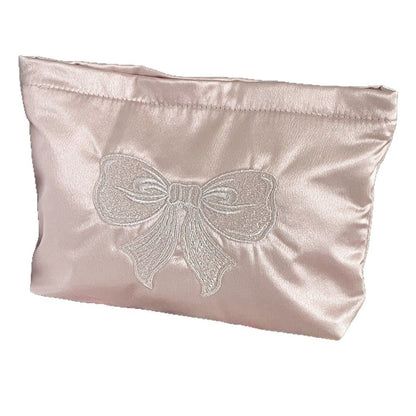 Cute Embroidered Bow Satin Makeup Bag