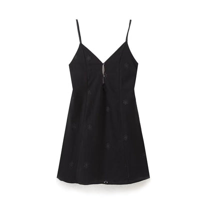 Sexy Embroidery Buttons Spaghetti Mini Dresses