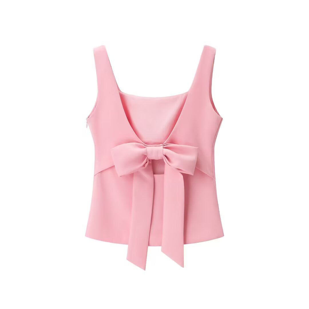 Trendy Solid Color Bowkont Back Sleeveless Top
