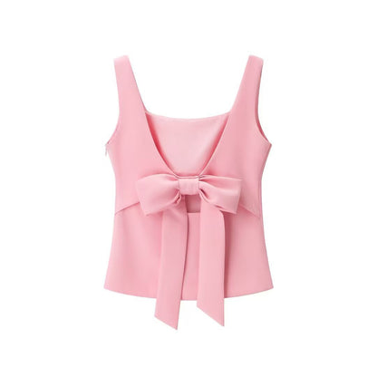 Trendy Solid Color Bowkont Back Sleeveless Top