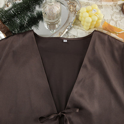 2 Piece Satin Tie Front Longewear Pajamas Set