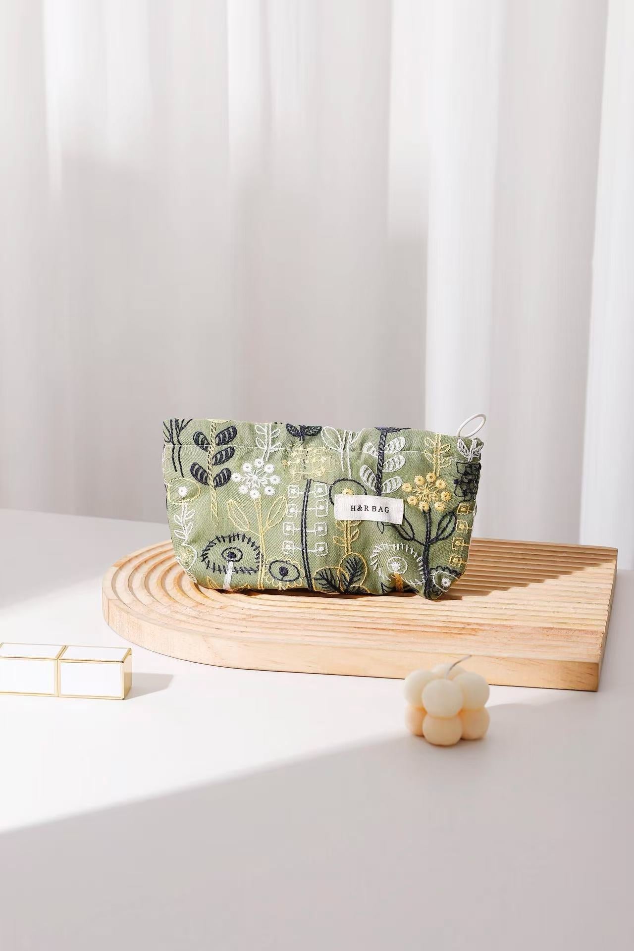 Cute Floral Cotton Embroidered Makeup Bag