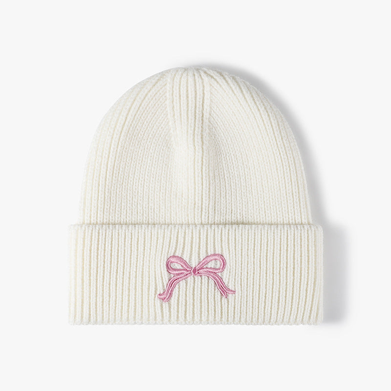 Cute Bow Embroidery Cuffed Thicken Knit Beanie
