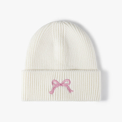 Cute Bow Embroidery Cuffed Thicken Knit Beanie