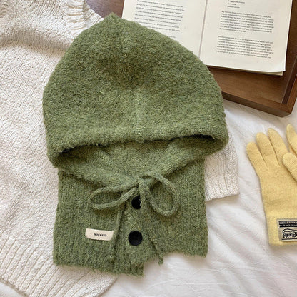 Solid Color Button One-Piece Hat & Scarf