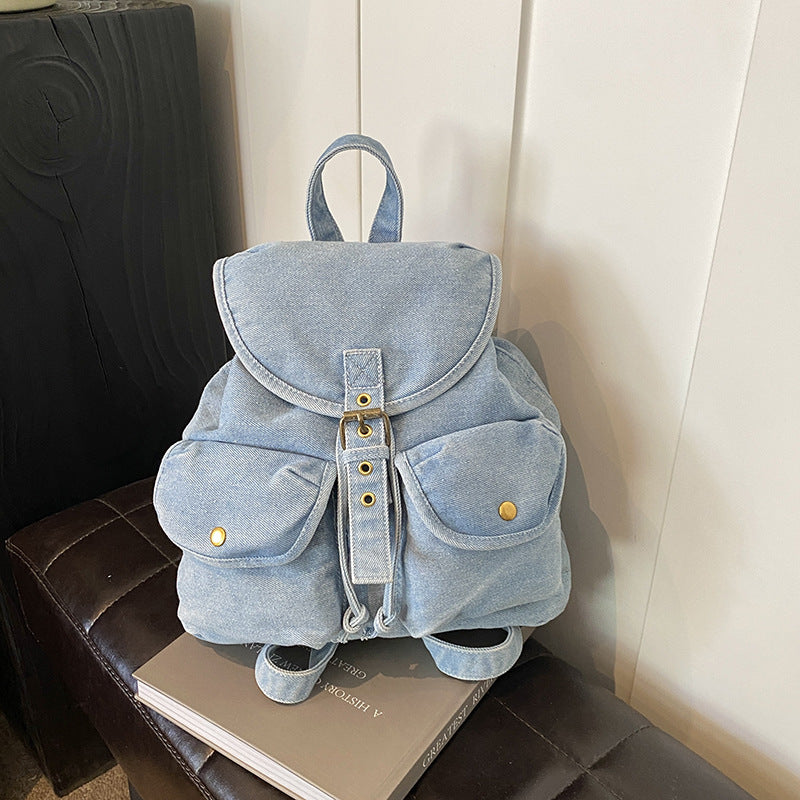 Solid Color Denim Large Capacity Backpack