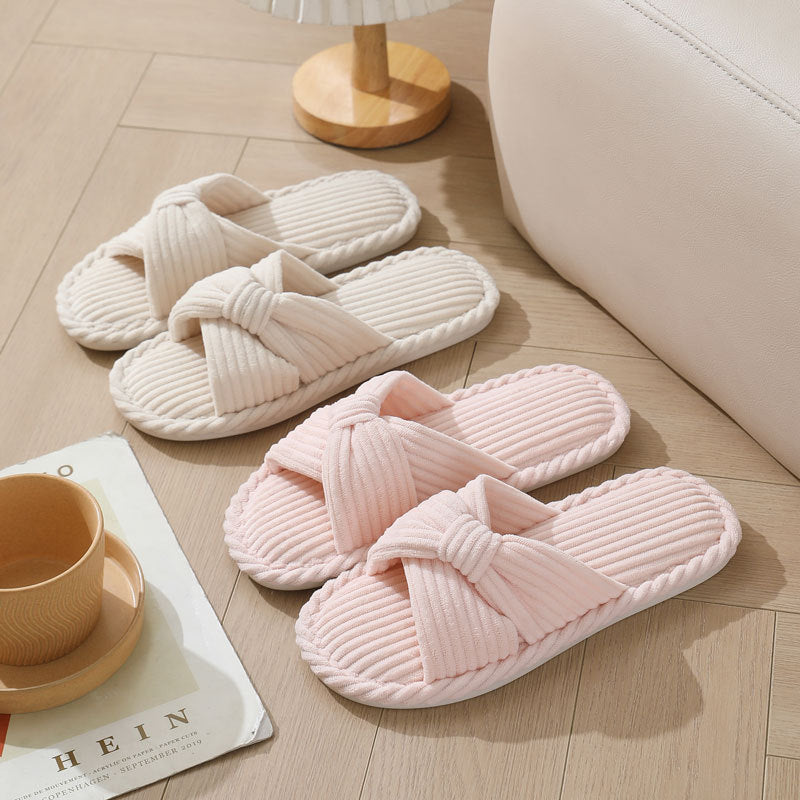 Cozy Corduroy Crossed Bow Indoor Slippers