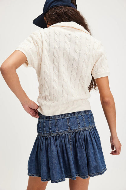 High-Waist Casual Denim Pleated Mini Skirt