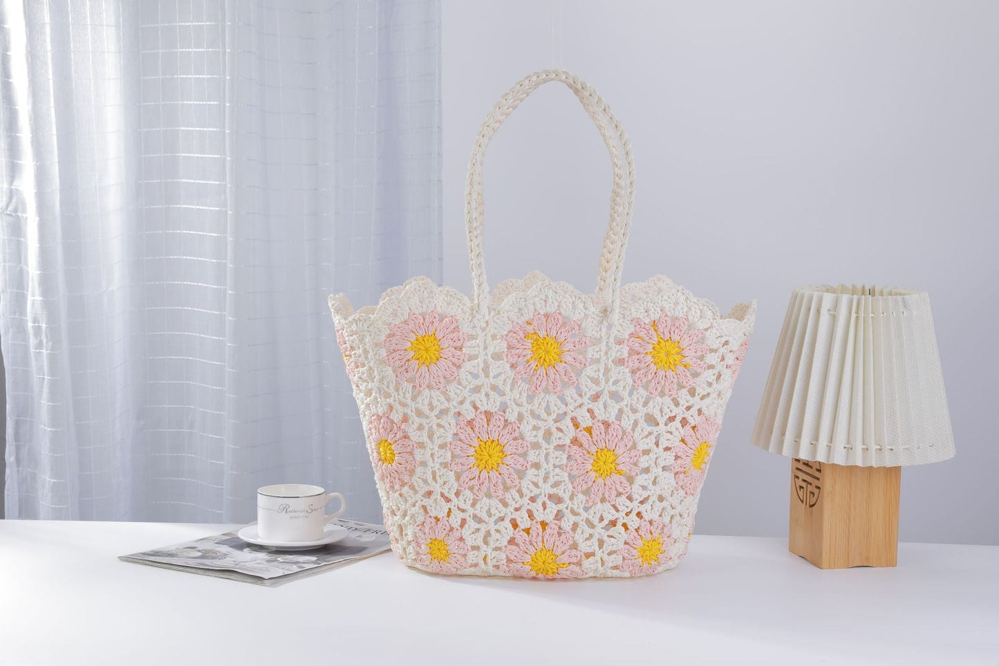 Hollow Out Flower Woven Shoulder Tote Bag