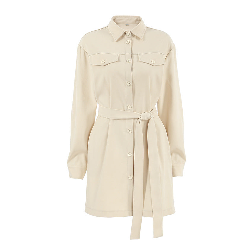 Belted Drop Shoulders Pockets Shirt Mini Dress