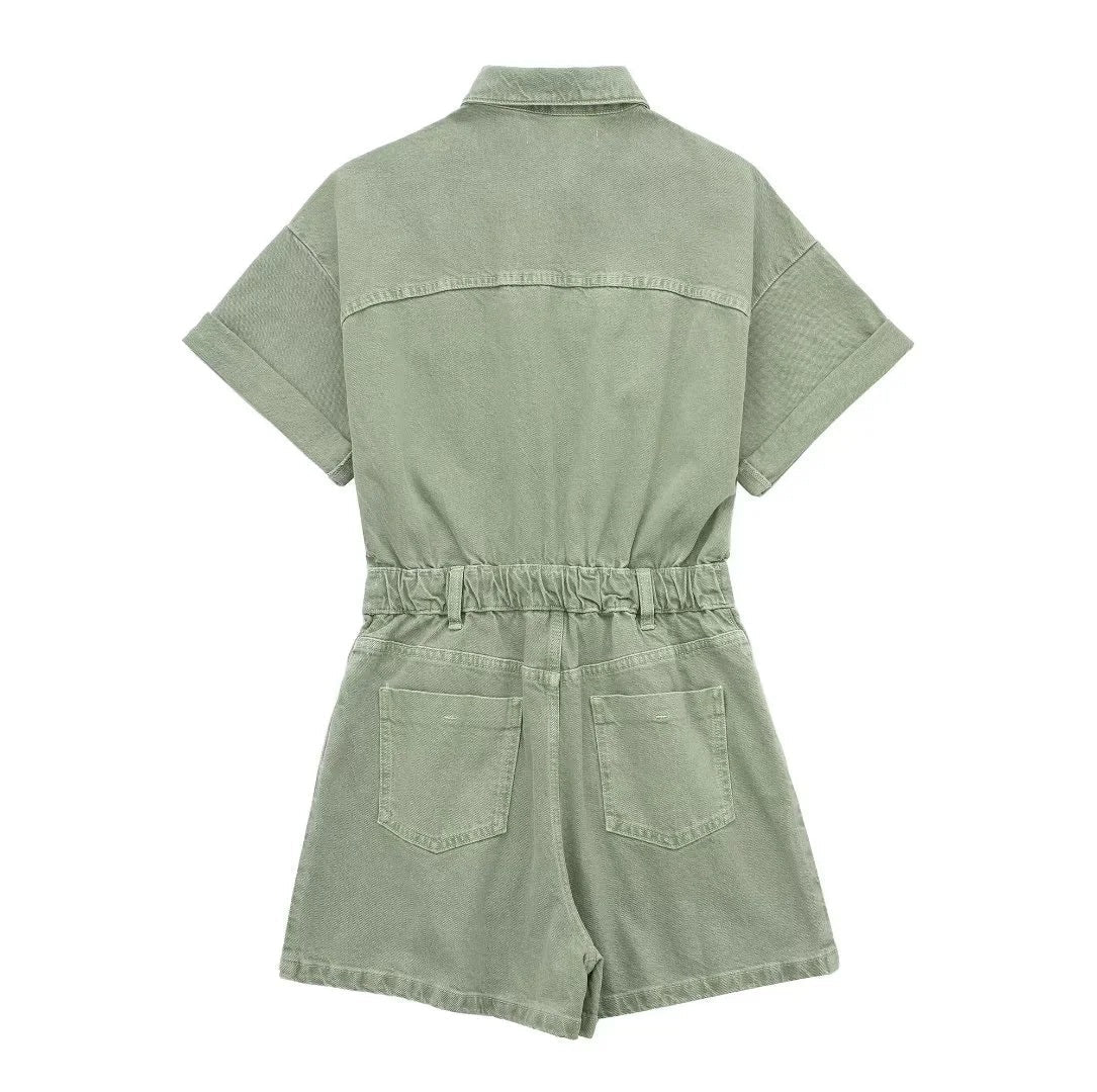 Casual Solid Color Denim Short Romper