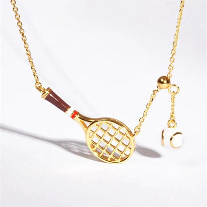 Funny Gold Plated Tennis Racket Ball Necklace