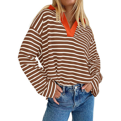 Lapel Striped Color Block Pullover Sweatshirt