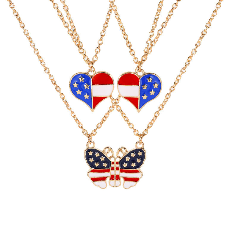 2Pcs USA Flag Heart Necklace Butterfly Necklaces
