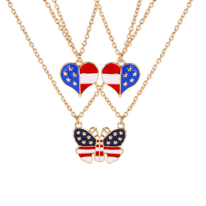 2Pcs USA Flag Heart Necklace Butterfly Necklaces