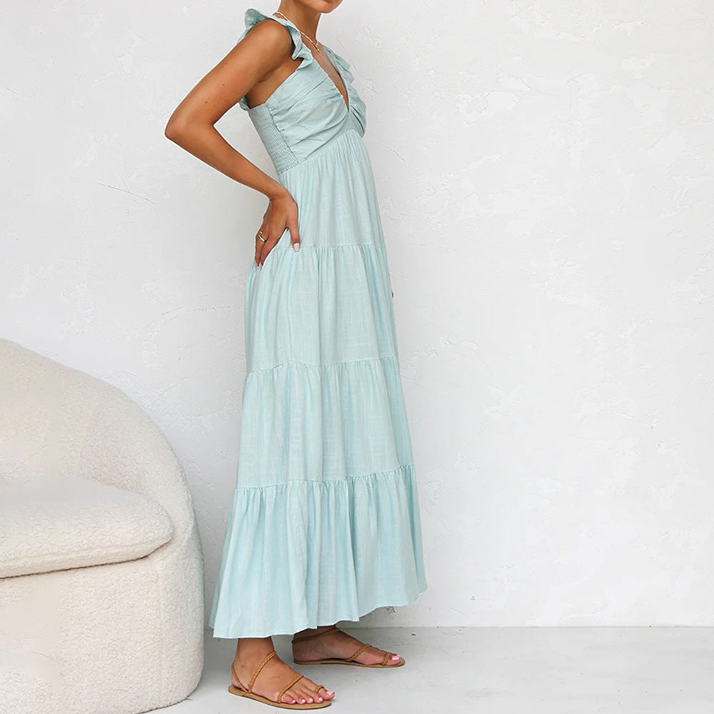V-Neck Ruffle Sleeveless Maxi Dress