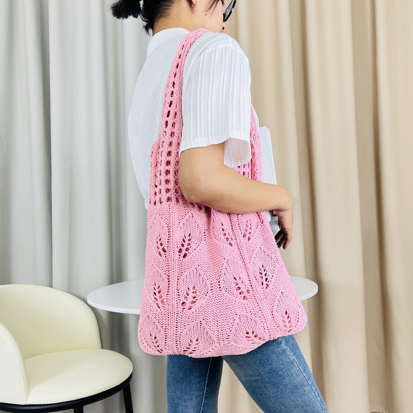 Solid Color Hollow Out Knit Shoulder Tote Bag
