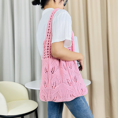 Solid Color Hollow Out Knit Shoulder Tote Bag