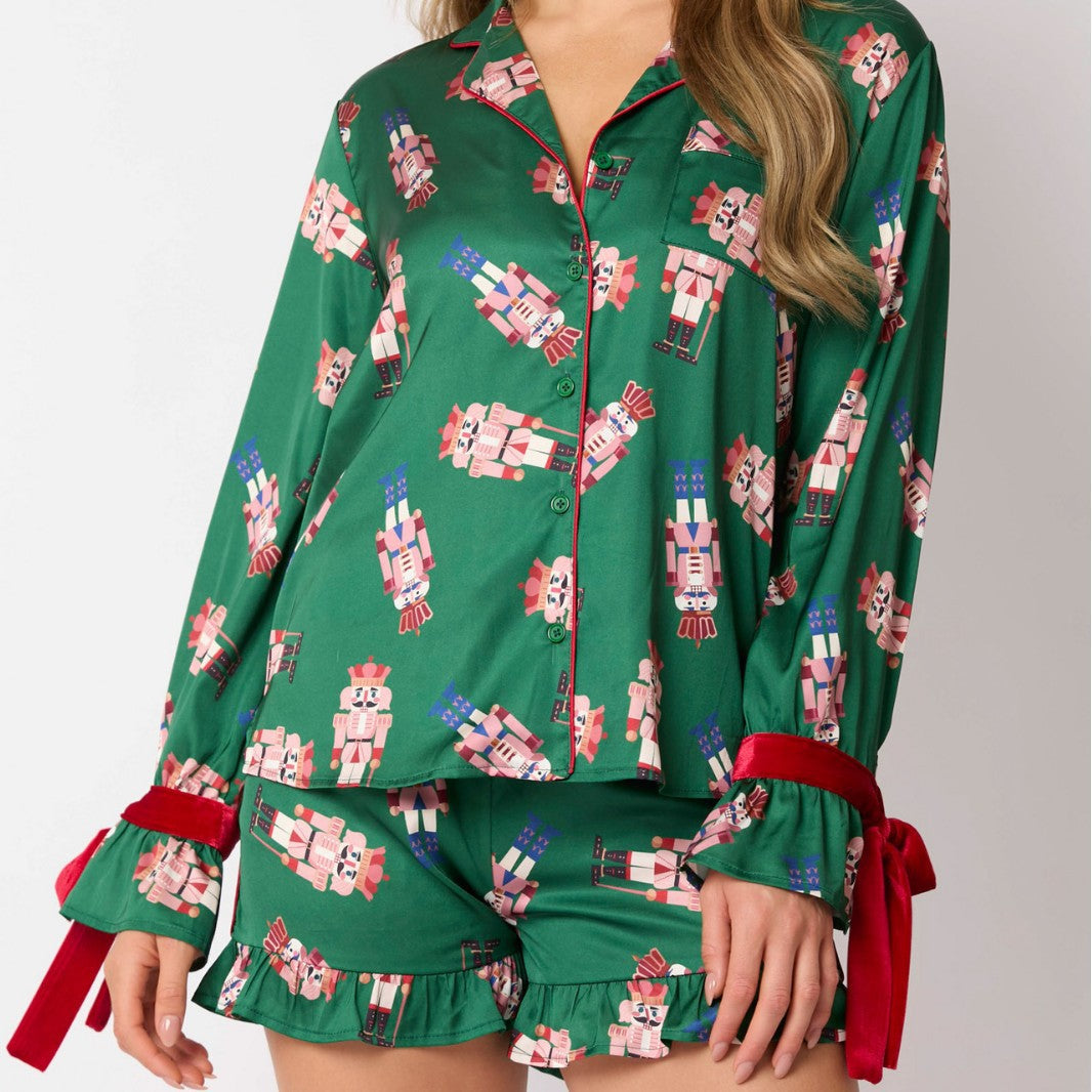 Cute Tree Print Satin Ruffled Pajamas Set