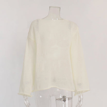 Solid Color See Through Flare Sleeves Knit Top