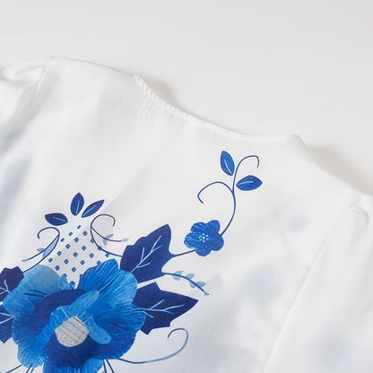 Trendy Flower Printed Tie Front Crop Top