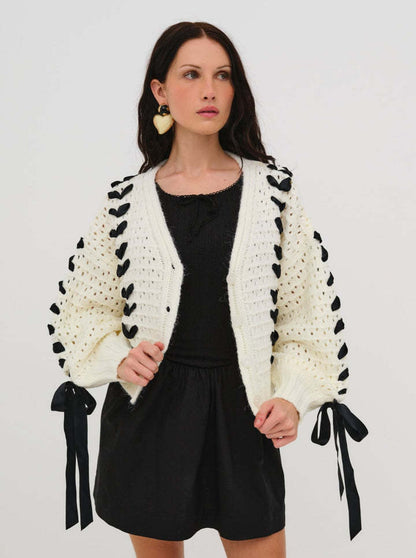 V-Neck String Tie Hollow Out Loose Cardigan