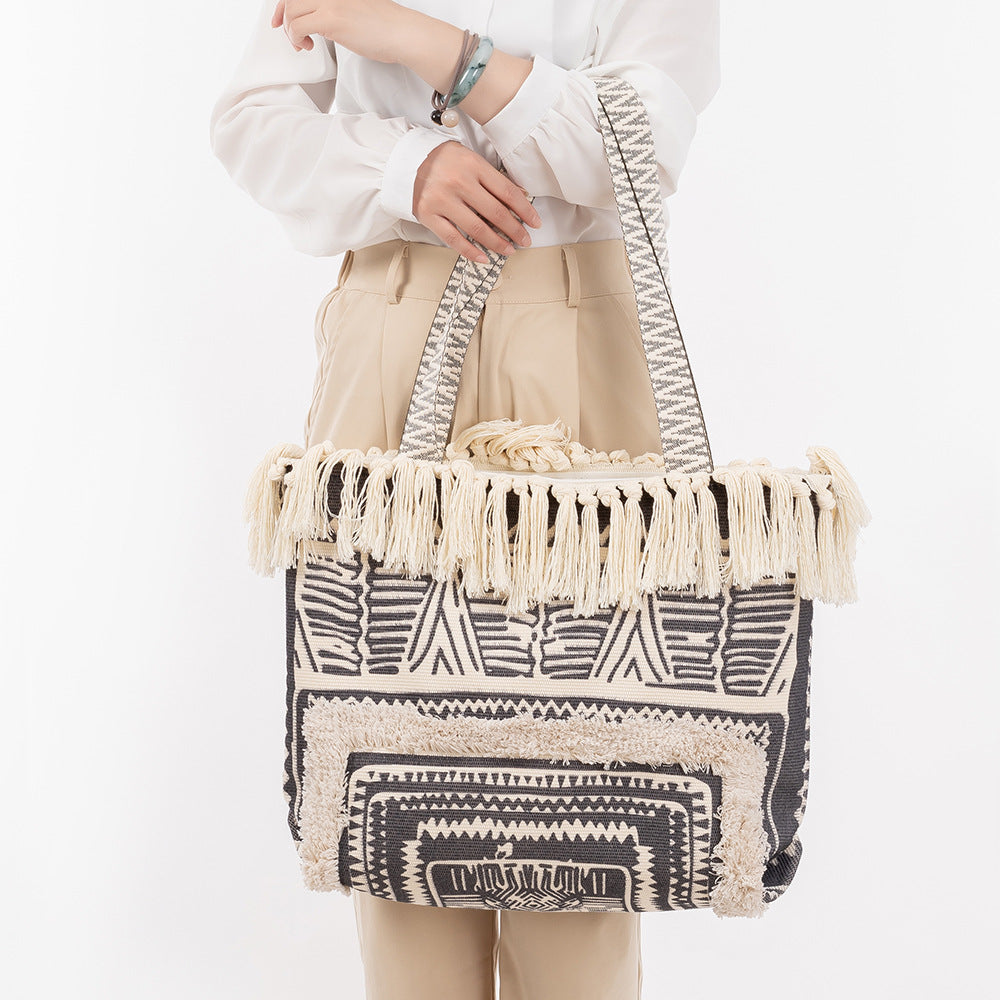Vintage Tassel Print Tote Shoulder Handbag