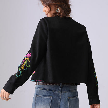 Boho Flower Embroidered Long Sleeve Suede Top