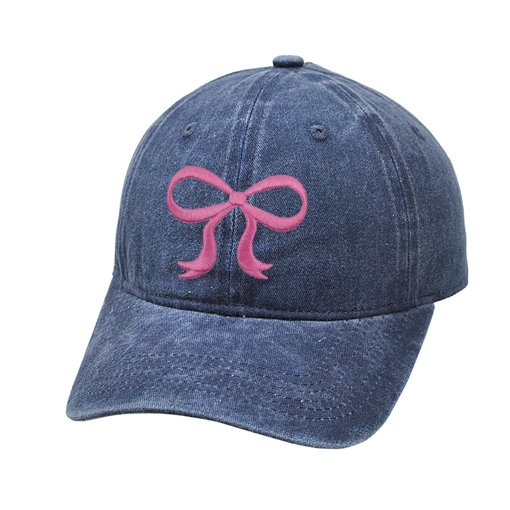 Washed Solid Color Bow Embroider Baseball Caps