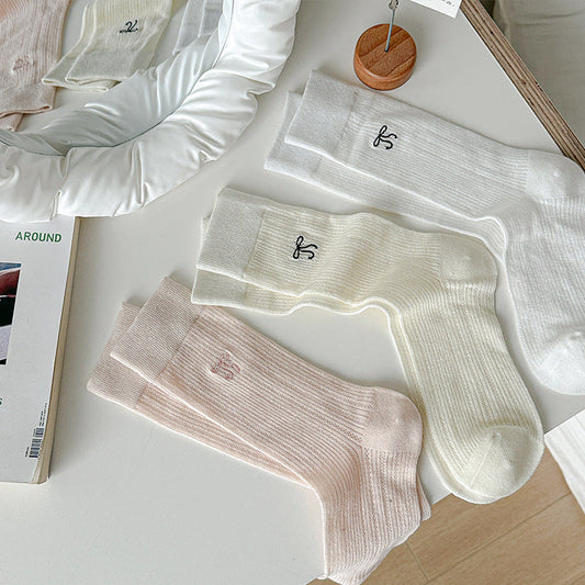 Bow Embroidered Sweet Thin Socks