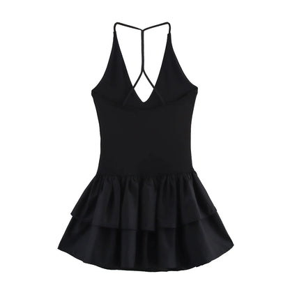 Trendy Solid Color Ruffle Hem Halter Dress